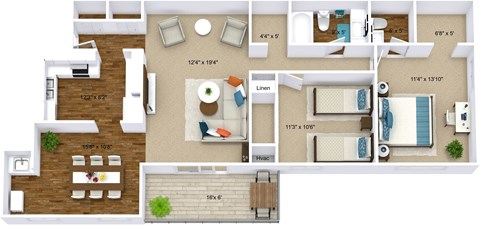 Floor plan for 2 beds, 1.5 baths, 1126 sqft
